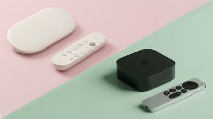 Google TV Streamer and Apple TV 4K box on different coloured backgrounds