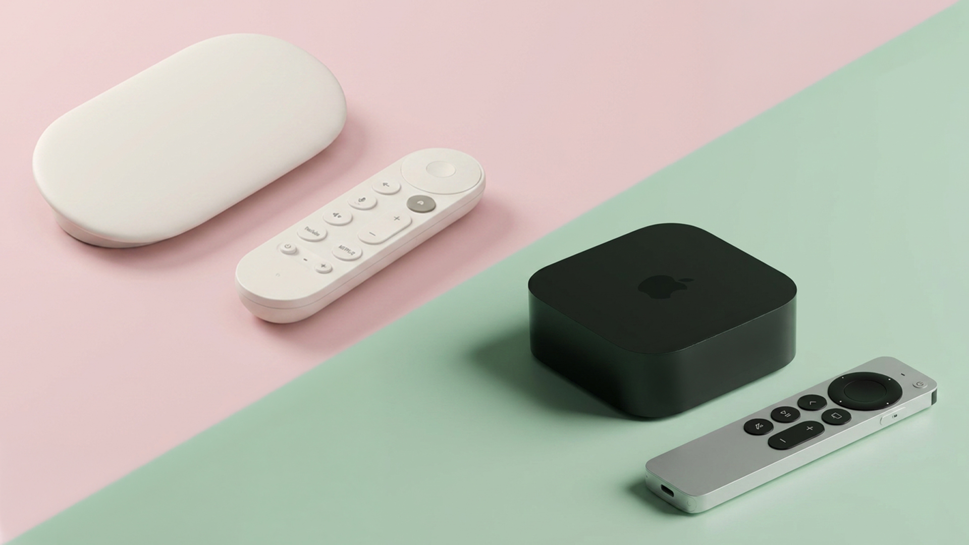 Google TV Streamer and Apple TV 4K box on different coloured backgrounds