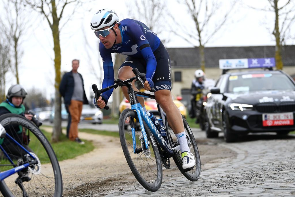 WAREGEM BELGIUM MARCH 29 Oier Lazkano Lopez of Spain and Movistar Team competes in the breakaway during the 77th Dwars Door Vlaanderen 2023 Mens Elite a 1837km one day race from Roeselare to Waregem DDV23 on March 29 2023 in Waregem Belgium Photo by Tim de WaeleGetty Images