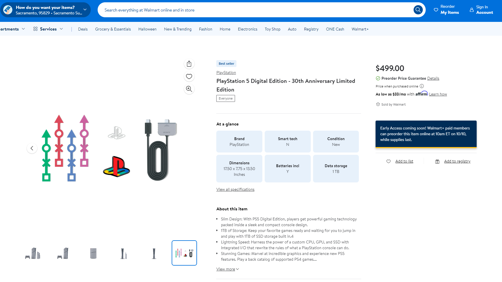 A screenshot of the PS5 Slim 30th Anniversary listing page at Walmart