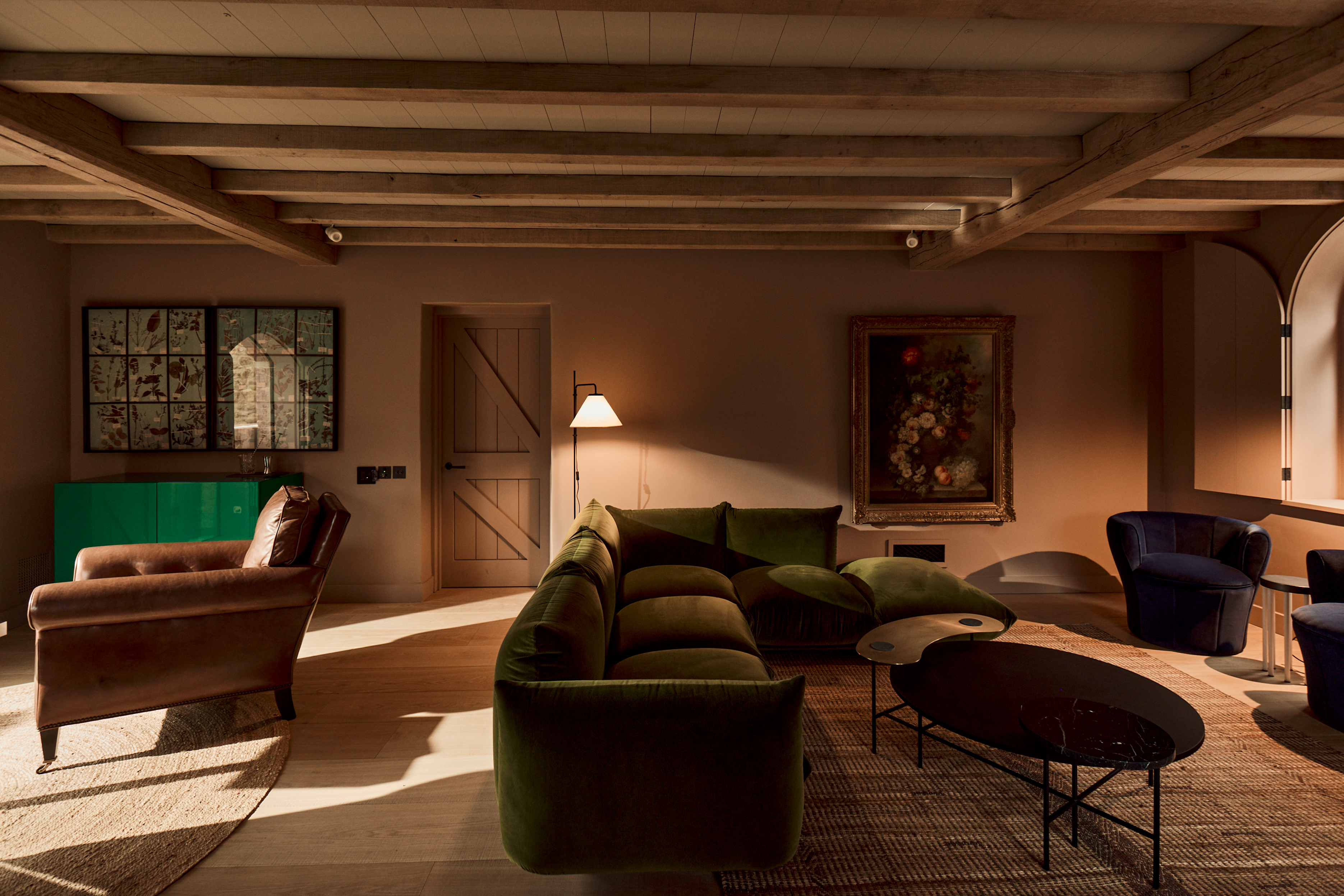 view of a bucolic british country house with a soothing colour palette