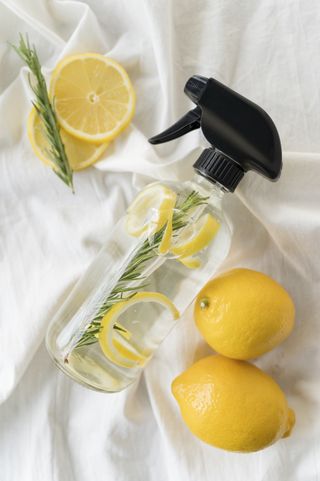 vinegar, lemon and rosemary in spray bottle