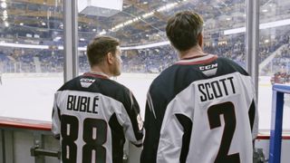 Michael Buble and Drew Scott in still from their docuseries "Hometown Giants" on Prime Video