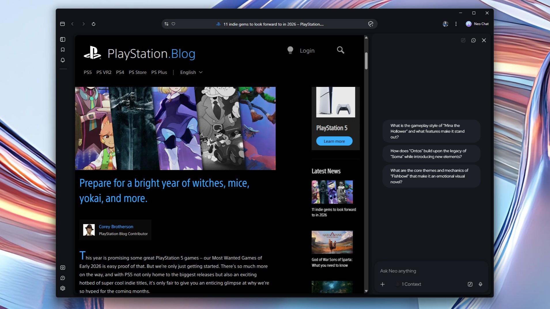 A screenshot showing Norton's Neo browser with a PlayStation blog post open and the company's Neo Chat AI chatbot providing preemptive questions based on what it sees on screen