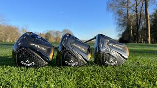 A picture of the sole of the three drivers in the new Callaway Rogue ST range of drivers