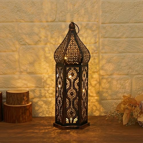 Moroccan Style Temple Hollow Iron Lantern, Vintage Ramadan Lamp Home Decoration Lights Ornaments,hanging Metal Candle Holders Battery Operated for Table Indoor Decor&amp;#65288;13.4 Inch Copper&amp;#65289;