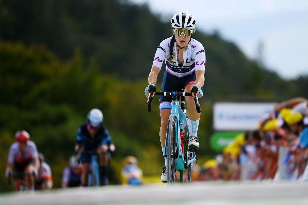 PLANCHE DES BELLES FILLES FRANCE JULY 31 Shirin Van Anrooij of Netherlands and Team Trek Segafredo White Best Young Rider Jersey crosses the finish line during the 1st Tour de France Femmes 2022 Stage 8 a 1233km stage from Lure to La Super Planche des Belles Filles TDFF UCIWWT on July 31 2022 in Planche des Belles Filles France Photo by Tim de WaeleGetty Images