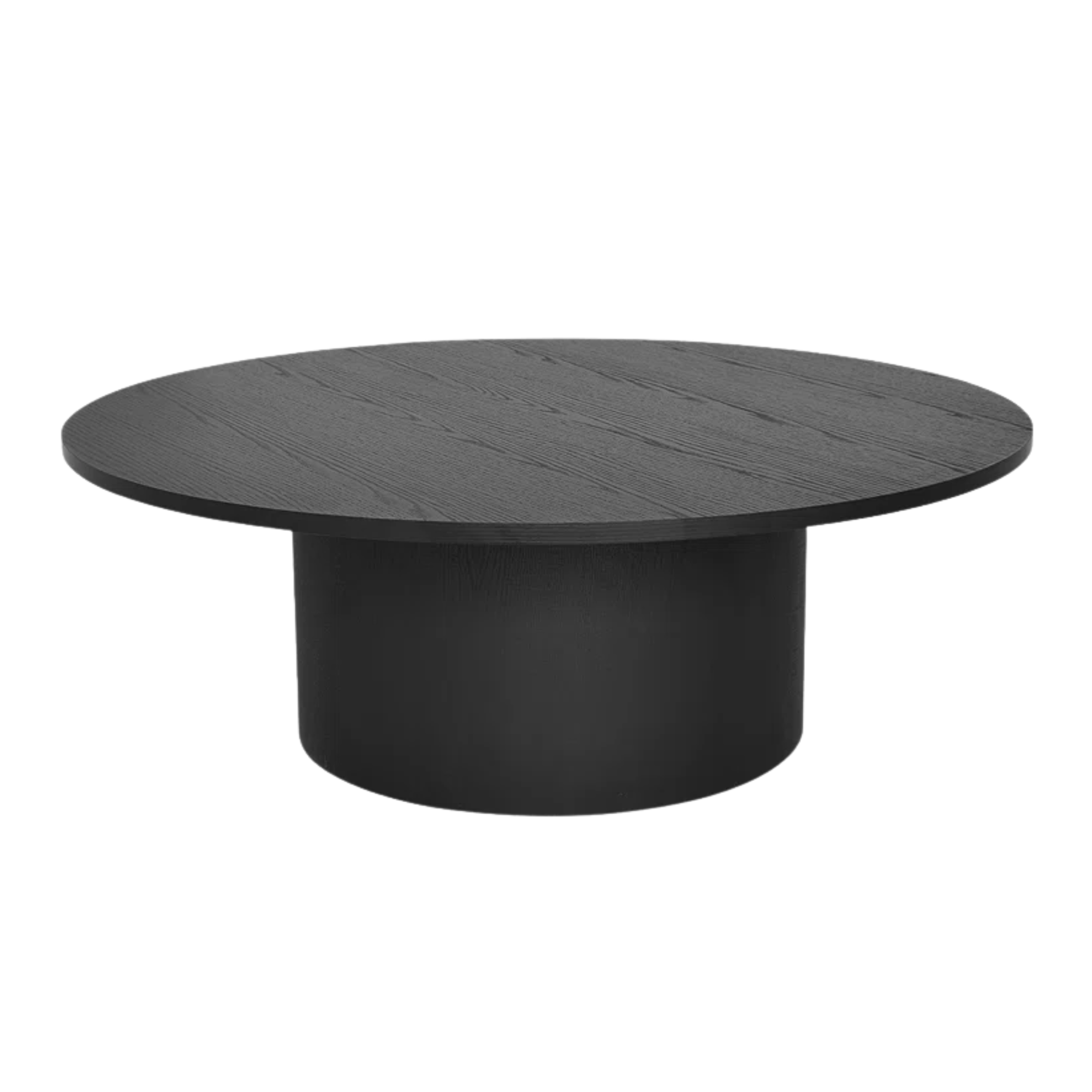 black round wooden coffee table with large cylindrical base 