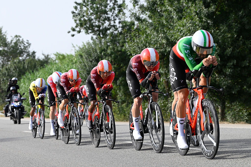 Team Ineos&#039; riders compete during the fifth stage of La Vuelta a Espana cycling tour, a 24.1 km time-trial team race in Figueres, on August 27, 2025. (Photo by Josep LAGO / AFP)