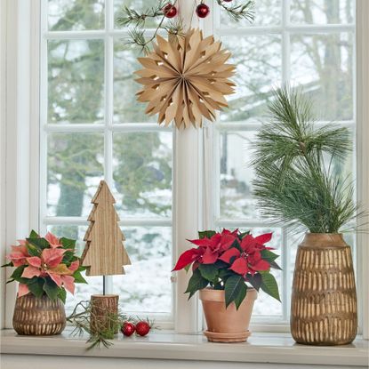 Potted poinsettia plants on windowsill next to Christmas decorations including wooden Christmas tree ornament and paper star