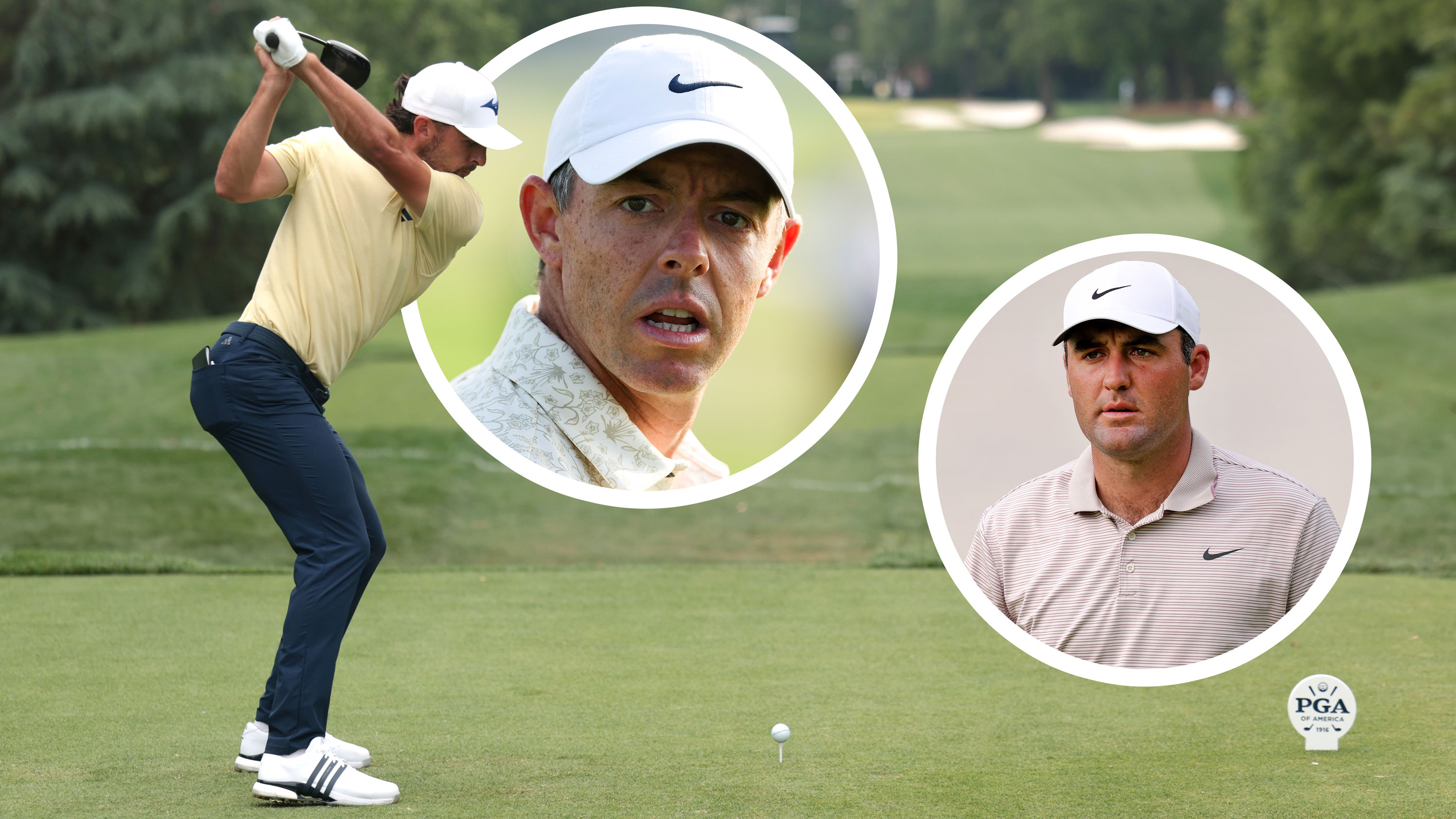 Marco Penge at the top of his backswing with driver, on a tee box at the 2025 PGA Championship, with inset images of the head and shoulders of Rory McIlroy and Scottie Scheffler