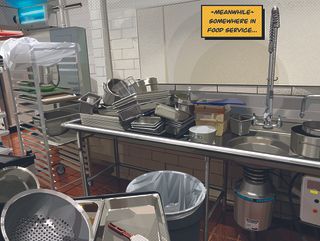 Realistic digital artwork of a cluttered washing up area in a canteen kitchen