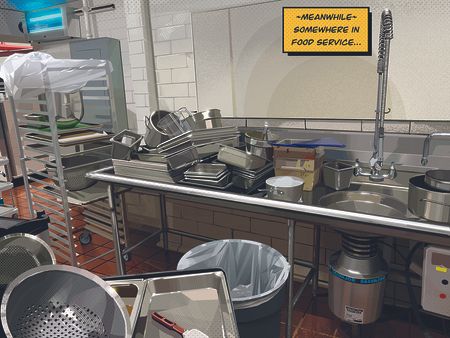 Realistic digital artwork of a cluttered washing up area in a canteen kitchen