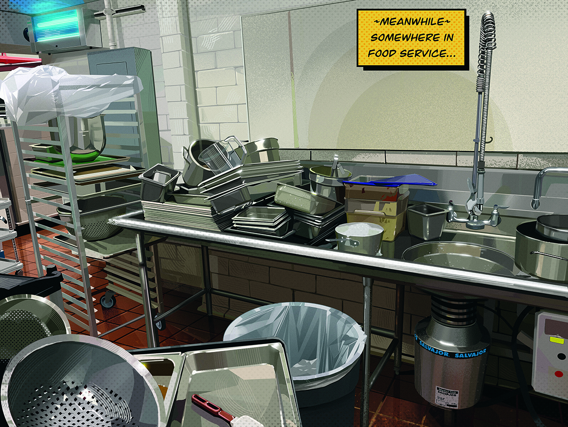 Realistic digital artwork of a cluttered washing up area in a canteen kitchen