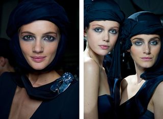 Models wearing navy blue and smoky eye make-up
