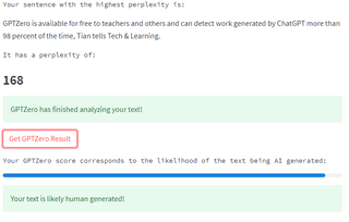 A report generated by GPTZero correctly identifying human-written text as such.