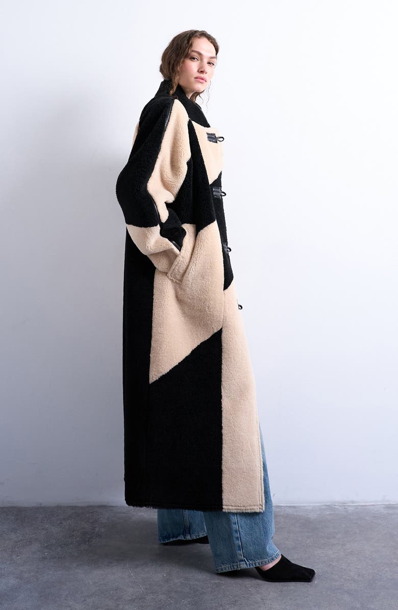 Patchwork Colorblock Faux Shearling Longline Coat