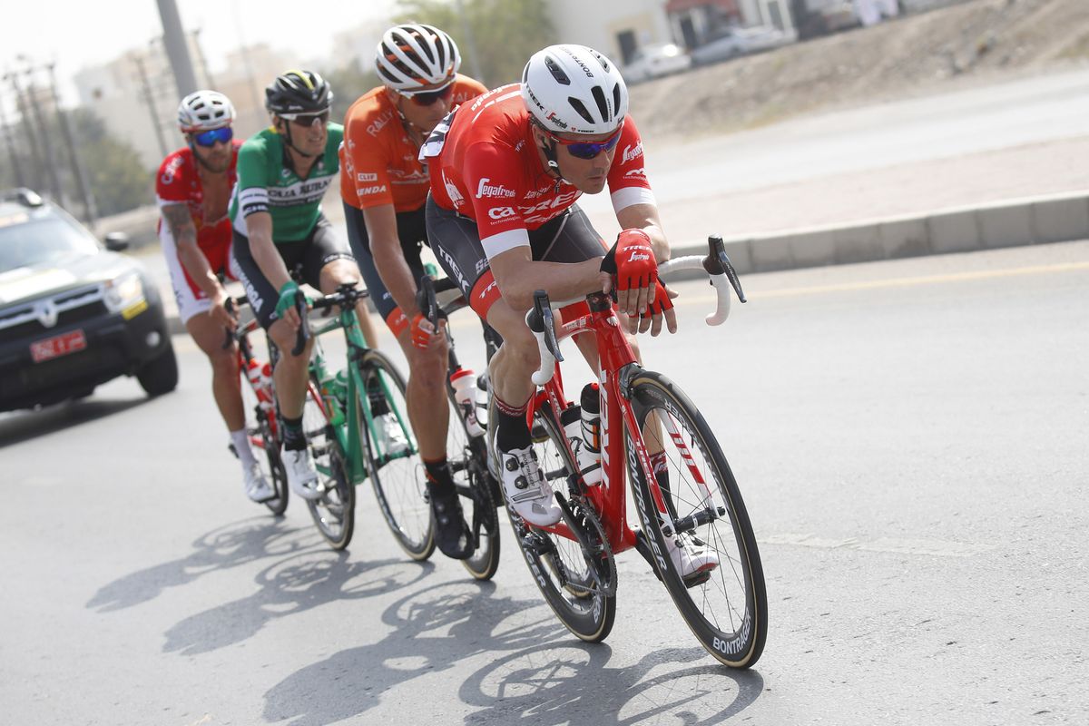 Markel Irizar (Trek-Segafredo) leads the break of the day