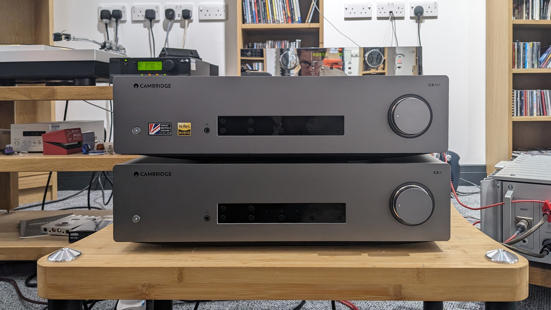 Cambridge Audio CXA81 MKII integrated amplifier in test room with CXA81 stacked on top for comparison