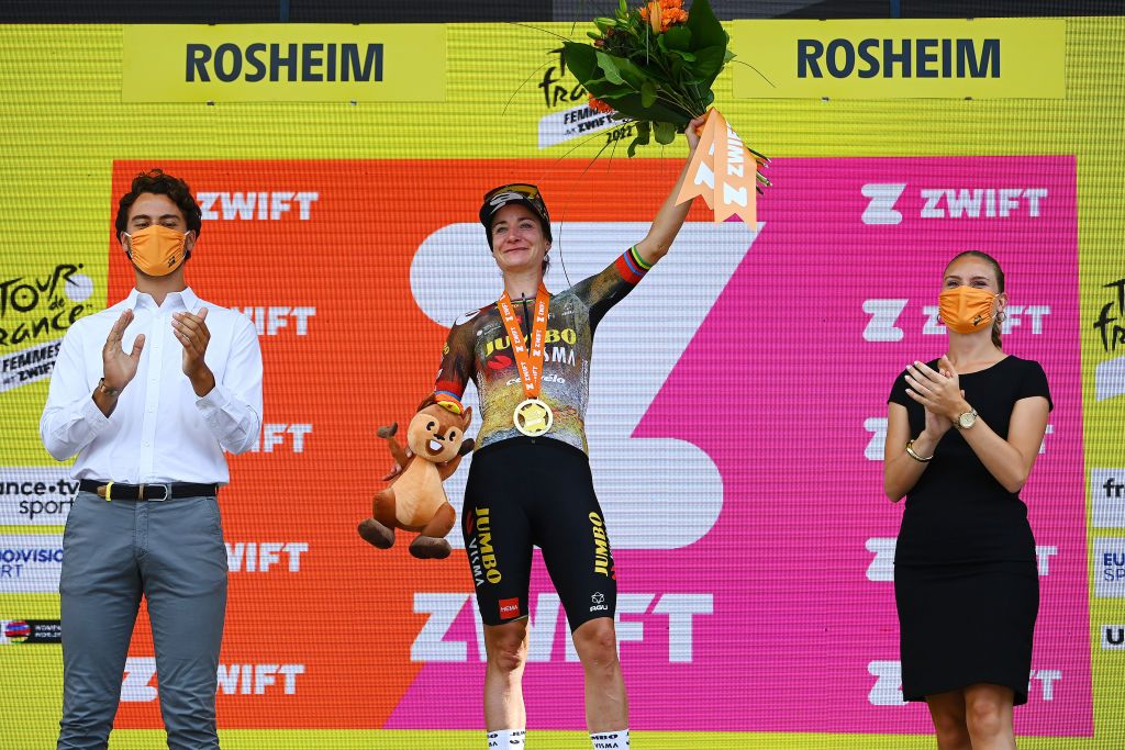 ROSHEIM FRANCE JULY 29 Marianne Vos of Netherlands and Jumbo Visma Women Team celebrates at podium as stage winner during the 1st Tour de France Femmes 2022 Stage 6 a 1286km stage from SaintDidesVosges to Rosheim TDFF UCIWWT on July 29 2022 in Rosheim France Photo by Tim de WaeleGetty Images