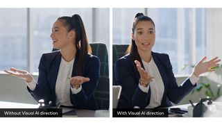 Two views of the same smiling woman dressed for corporate meetings, one with AI and one without. 