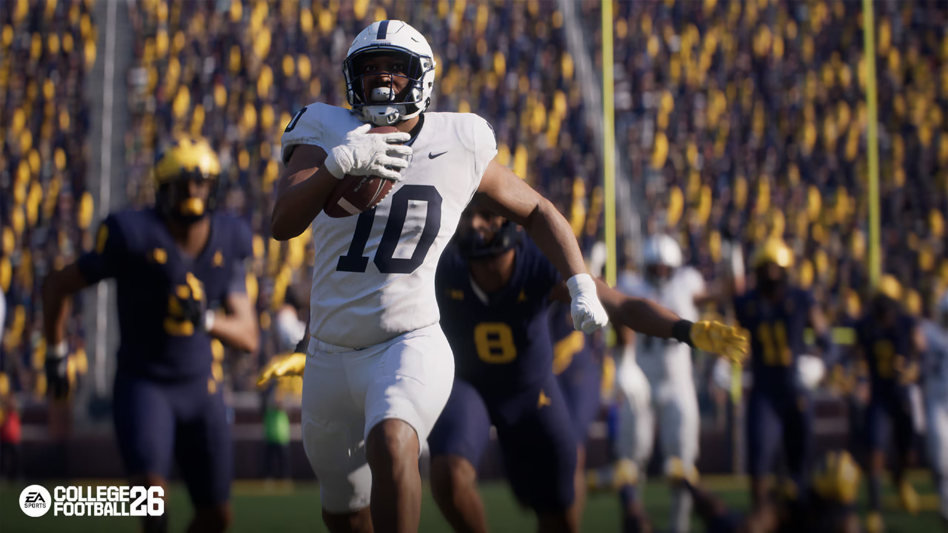 College Football 26: a player running while holding the ball