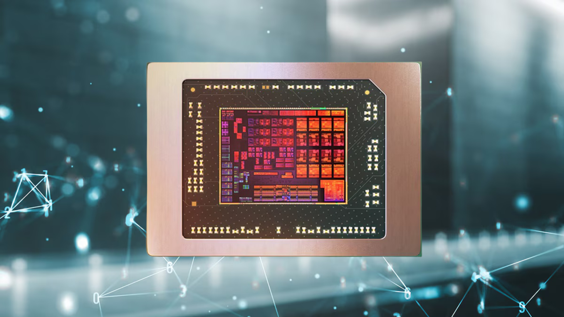 A promotional image for the launch of AMD&#039;s Ryzen 6000 processors, showing a stylized shot of the die, against a digital-effect background.