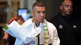 PSG forward Kylian Mbappe arrives in Riyadh for a friendly fixture against a Saudi Pro League all-star side in January 2023.