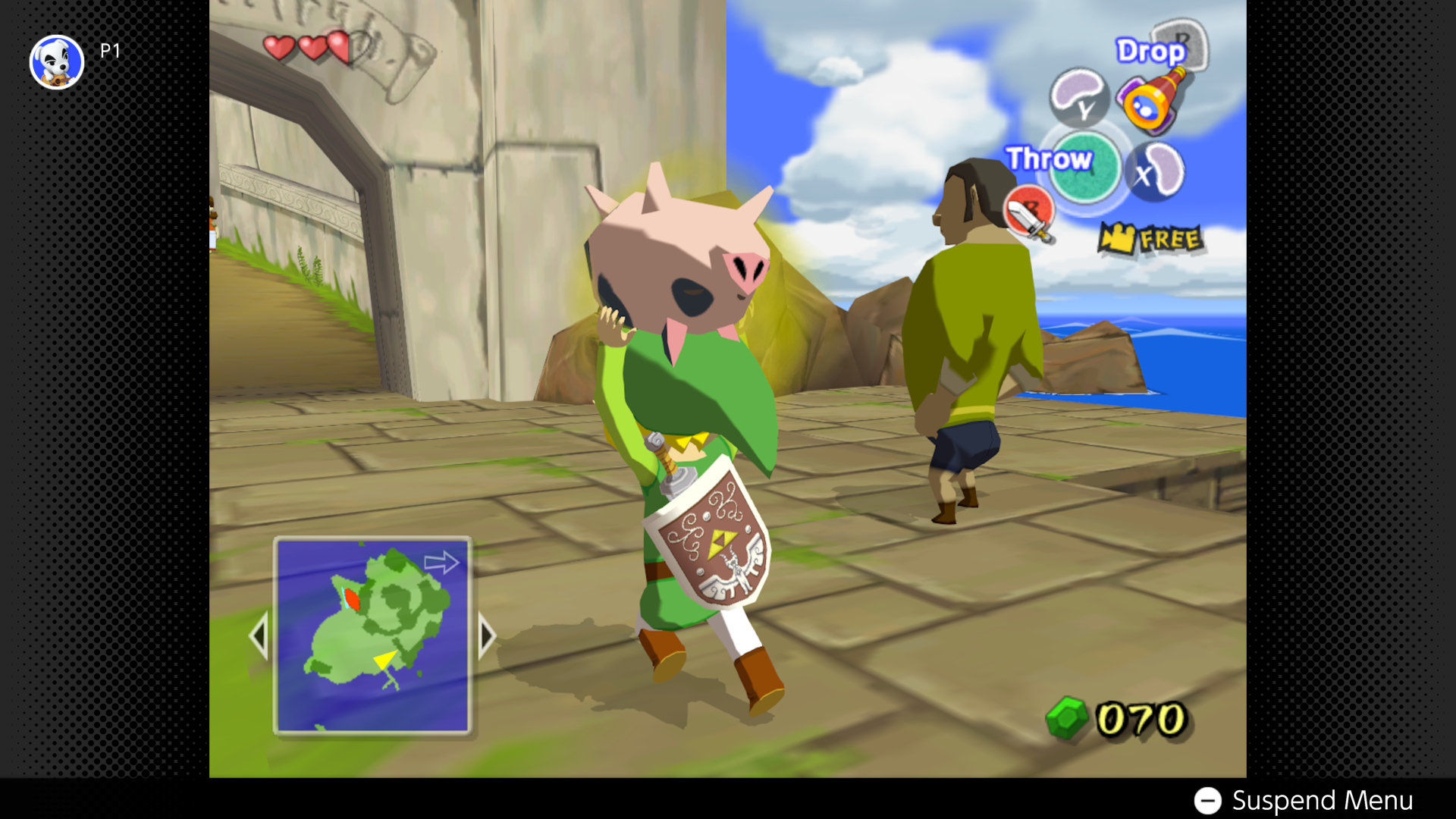Link runs around Windfall Island with a farting pig in The Legend of Zelda: The Wind Waker on Nintendo Switch 2