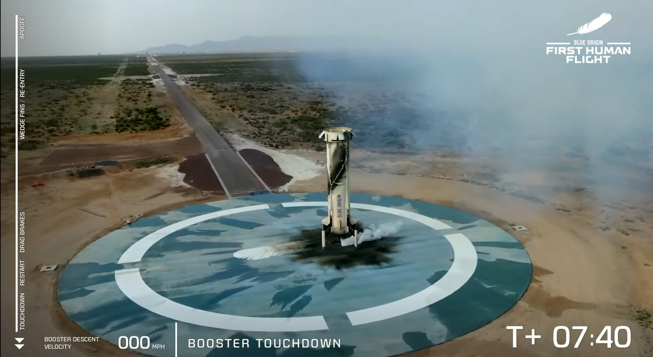 The New Shepard booster after flight on July 20, 2021.