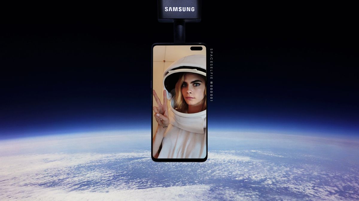 Actor and model Cara Delevingne was the first to send her selfie into the stratosphere with Samsung&#039;s &quot;SpaceSelfie&quot; device, which crash-landed on a farm in Michigan this past weekend on Oct. 26.