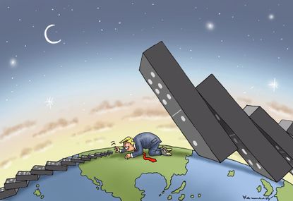 Political cartoon U.S. Trump presidency foreign relations America First