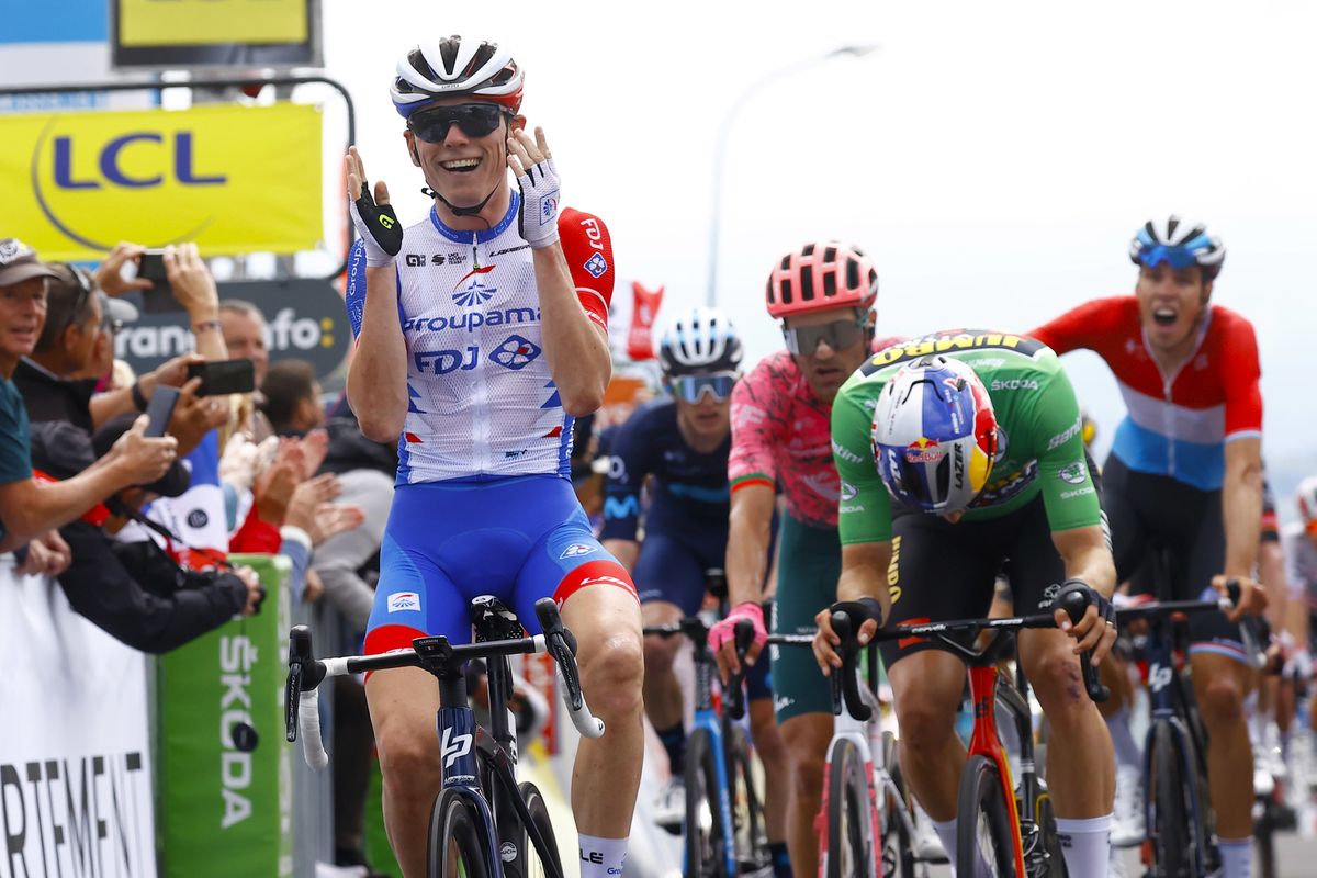 Criterium du Dauphine 2022 - 74th Edition - 3rd stage Saint Paulien - Chastreix Sancy 169 km - 07/06/2022 - David Gaudu (FRA - Groupama - FDJ) - Wout Van Aert (BEL - Team Jumbo - Visma) - photo Luca Bettini/SprintCyclingAgency&Acirc;&copy;2022