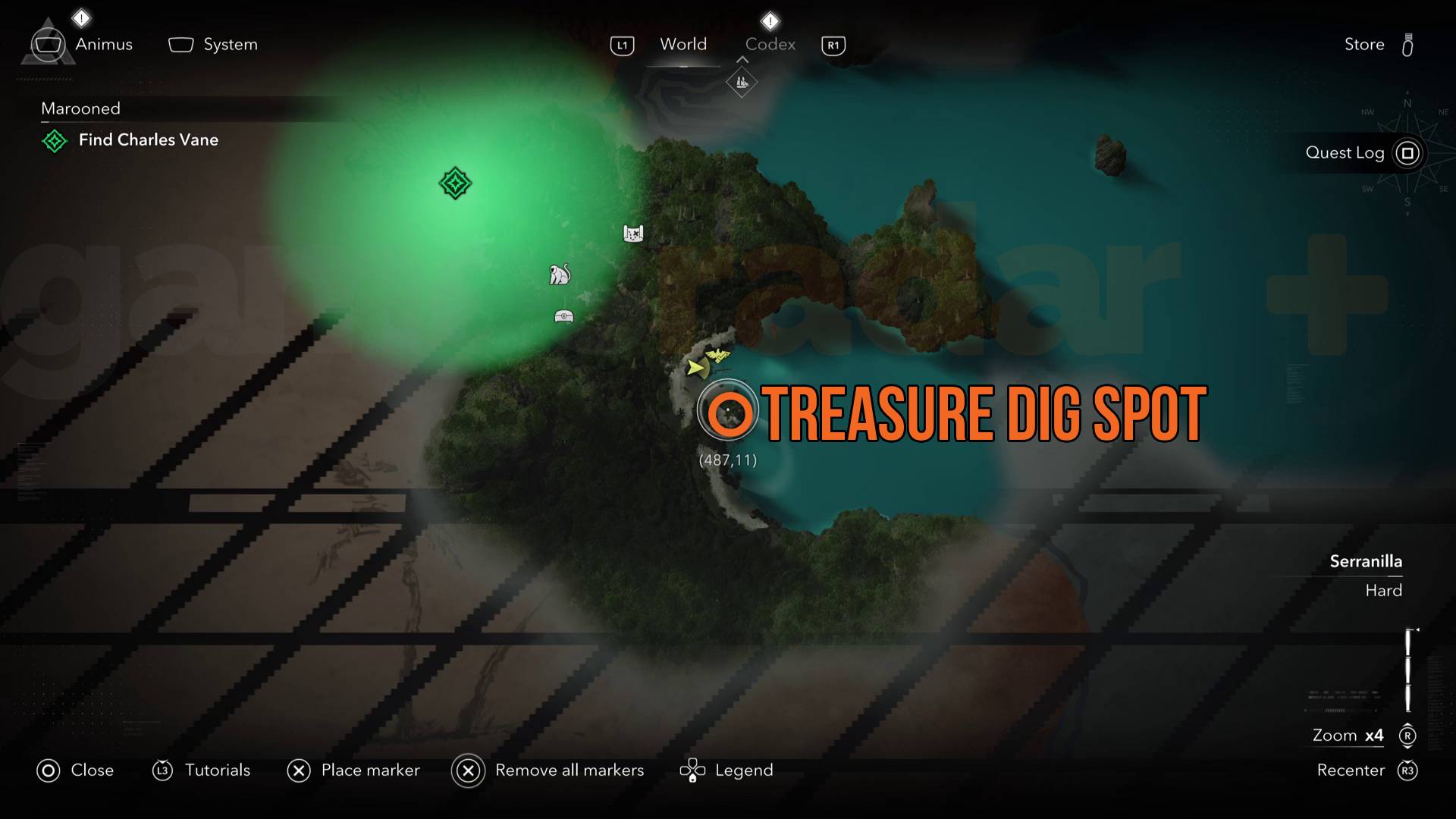 Assassin's Creed Black Flag Resynced Isla Providencia map showing the buried treasure dig spot