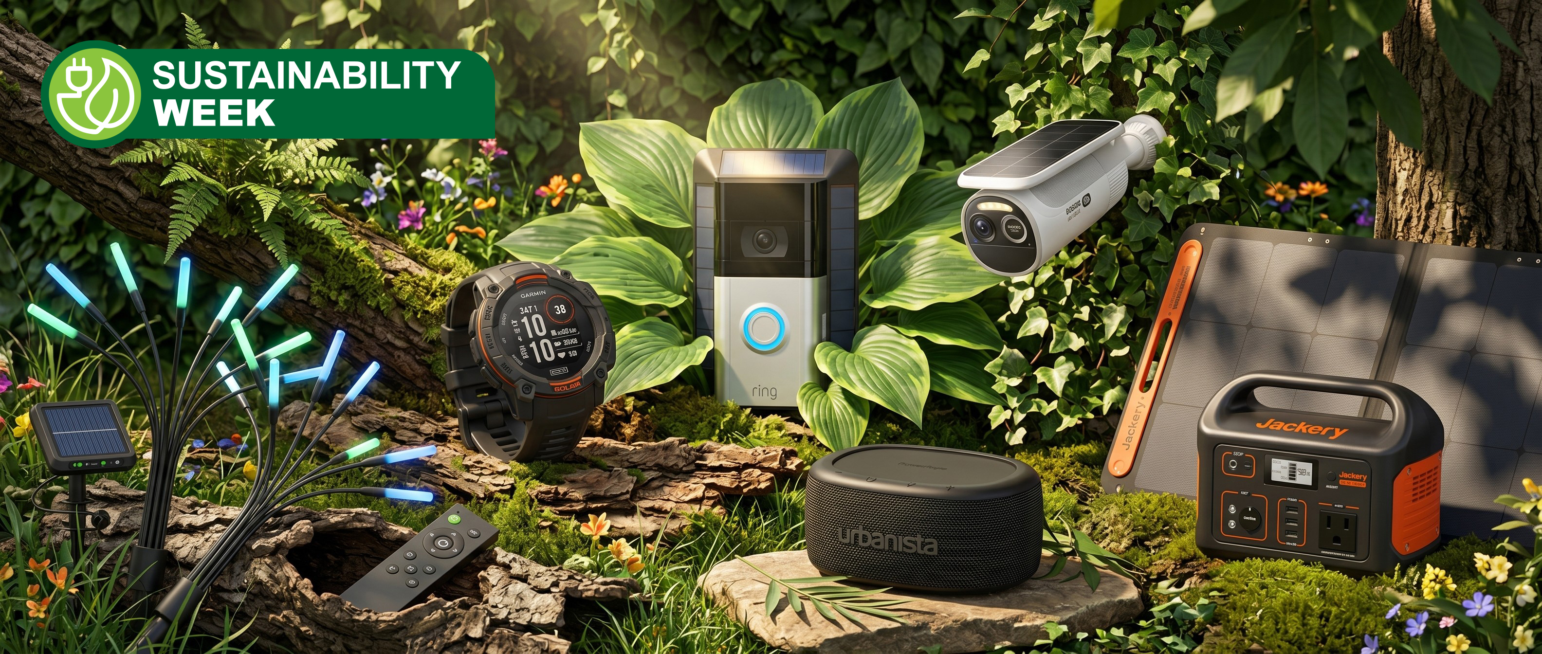 selection of solar-powered tech against a wooded background 