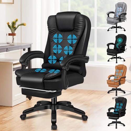 Elfordson Executive Office Chair With 8-Point Massage Seat Heated, Pc Desk Gaming Chair With Armrests Footrest High Back 150&amp;deg; Recliner Tilt Padded Swivel Pu Leather, Black