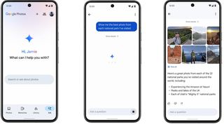 Phone mockups showing how Google Photos' new AI features will work