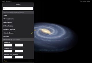 The search menu offers a powerful way to work with the different types of objects in the catalog. In addition to selecting all types or single categories, the search results can be filtered by magnitude, distance, apparent size and more. Searches can be performed on the full-sky or within a selected constellation.