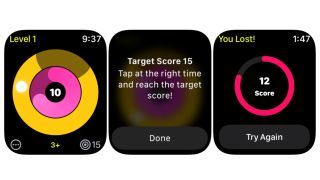 Tre skjermbilder av Tap Master på Apple Watch