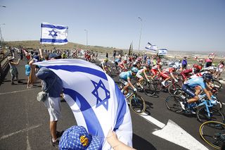 Fans flying the Israel flag during stage 2 at the Giro d'Italia