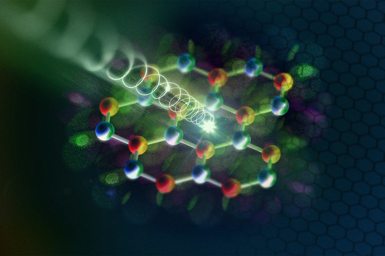 An artist&#039;s rendering shows polarized light interacting with the honeycomb lattice.