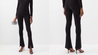 composite of model wearing Norma Kamali Split Hem Jersey Leggings