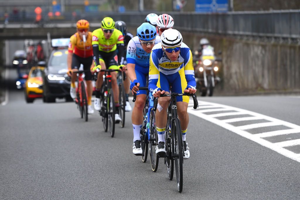 WEVELGEM BELGIUM MARCH 27 Lindsay De Vylder of Belgium and Team Sport Vlaanderen Baloise leads the breakaway during the 84th GentWevelgem in Flanders Fields 2022 Mens Elite a 2488km one day race from Ypres to Wevelgem GWE22 WorldTour on March 27 2022 in Wevelgem Belgium Photo by Tim de WaeleGetty Images