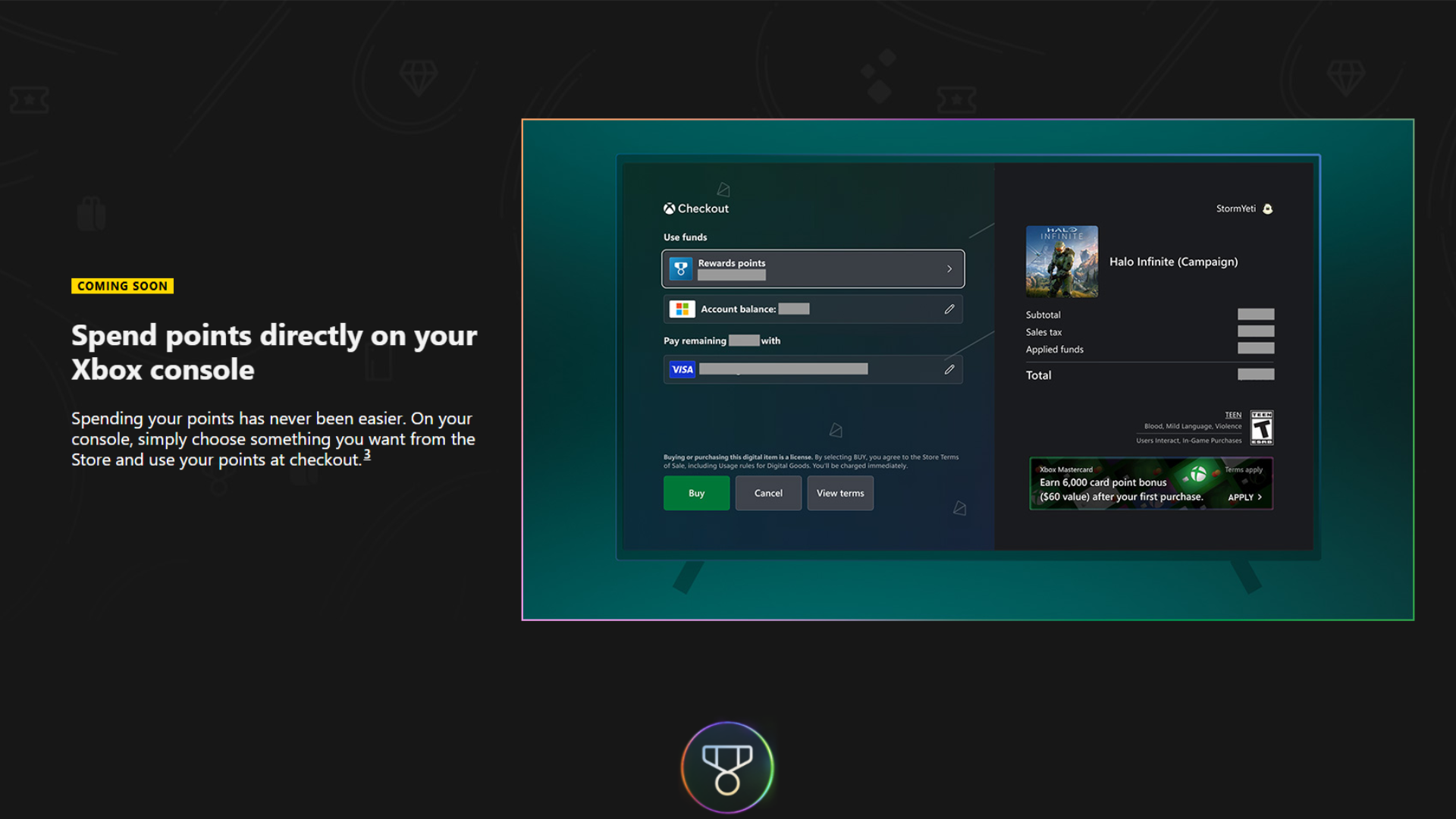 Xbox screen shows option to spend Rewards points at checkout alongside account balance, highlighting a new console feature.