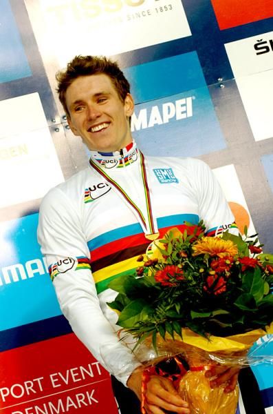 Newly crowned U23 road world champion Arnaud Demare (France) is all smiles on the podium.