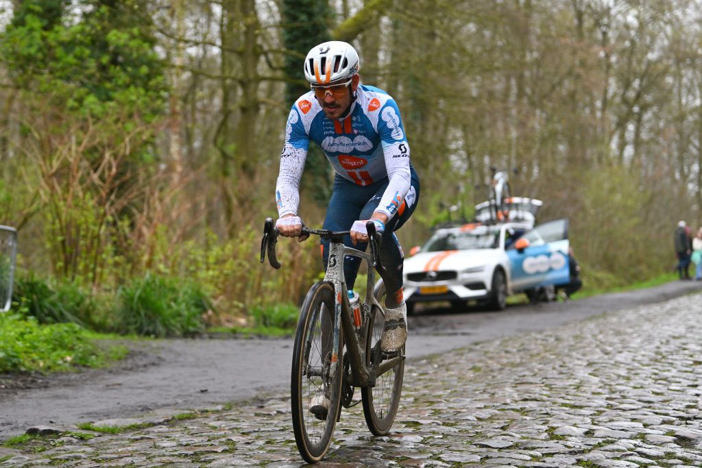 ROUBAIX FRANCE APRIL 05 John Degenkolb of Germany and Team dsmfirmenich PostNL trains at the Troue dArenberg cobblestones sector during the 121st ParisRoubaix 2024 Previews UCIWT on April 05 2024 in Roubaix France Photo by Luc ClaessenGetty Images
