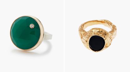 Left, green ring with diamond and right, gold ring with black onxy