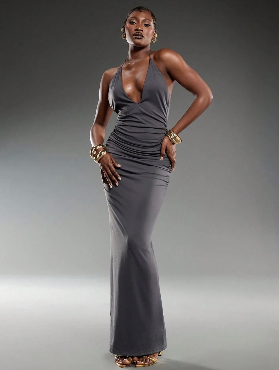 NORMANI, Solid Ruched Waist Tank Dress