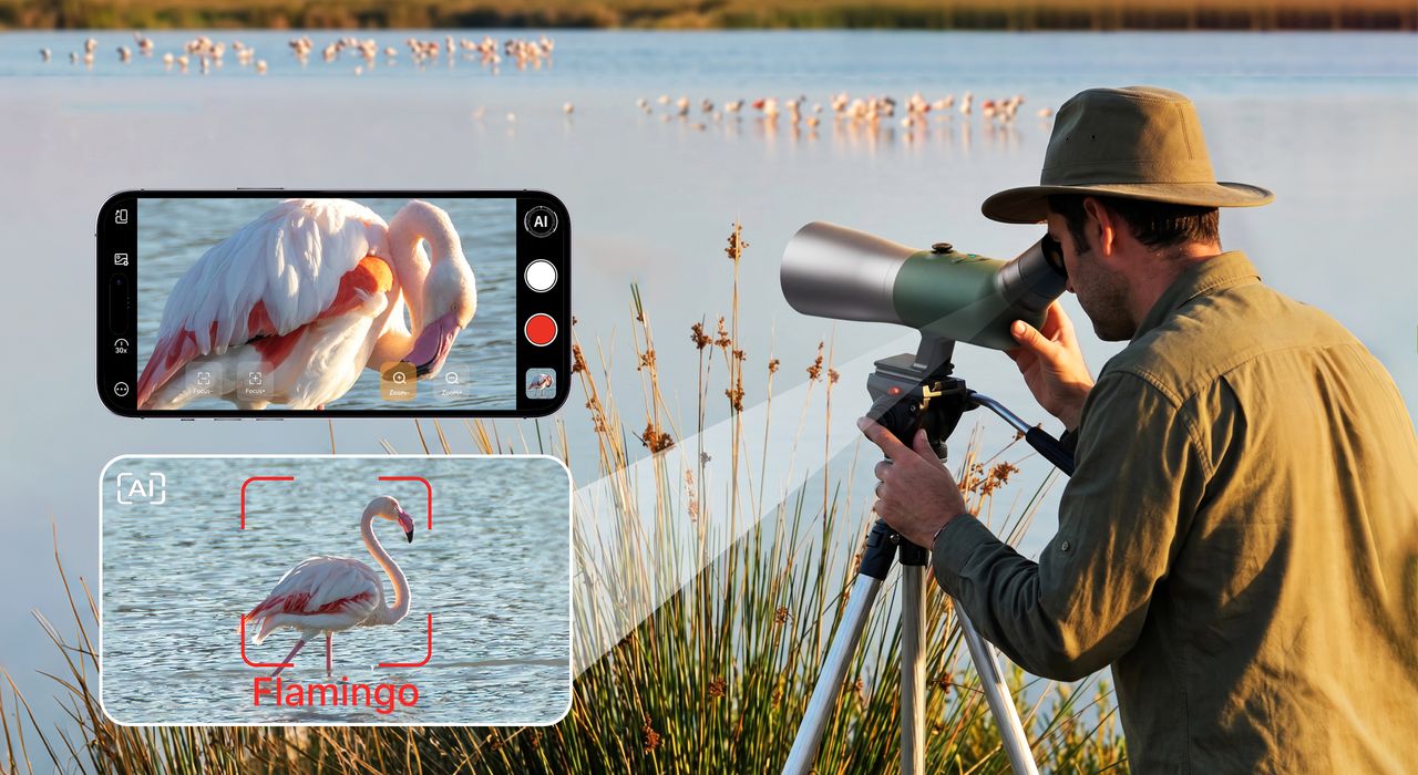 Man looking into an AI-powered spotting scope by the side of a lake, identifying a distant bird