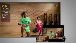 A TV screen, iPad, iPhone and Apple Watch on a grey background running an Apple Fitness Plus sessions